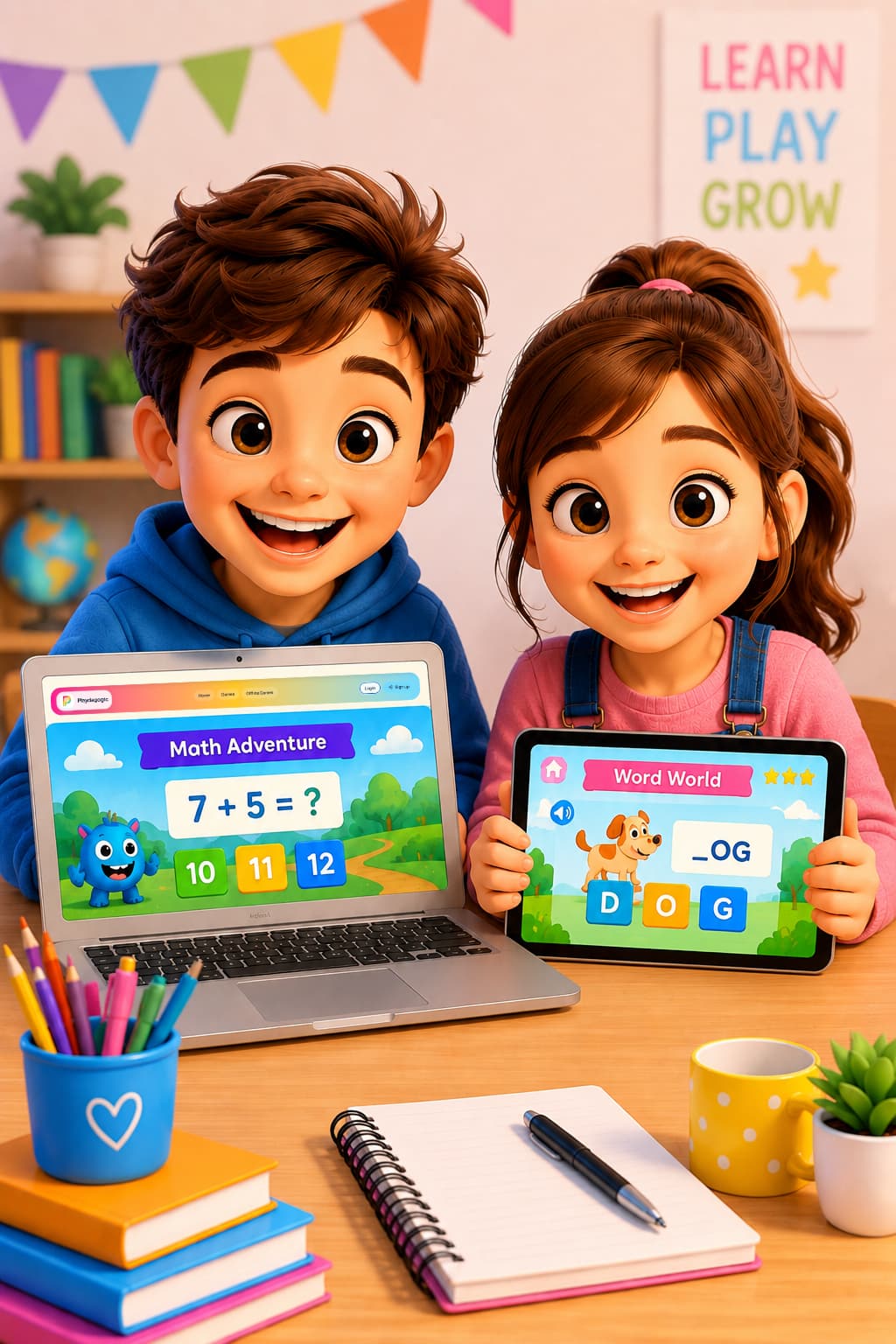 Kids playing learning games on devices